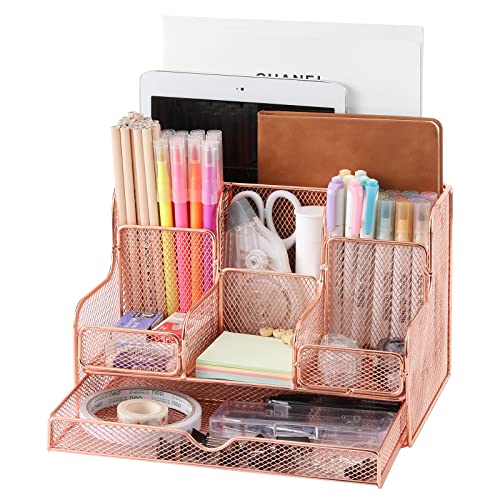 Dadanism Schreibtisch Organizer, Mehrzweck Desktop Organizer Mesh Metall Büro Organizer mit Schublade und 7 Fächern Stiftehalter Desk Organizer für Zuhause Schule Büro Zubehör, Roségold von Dadanism