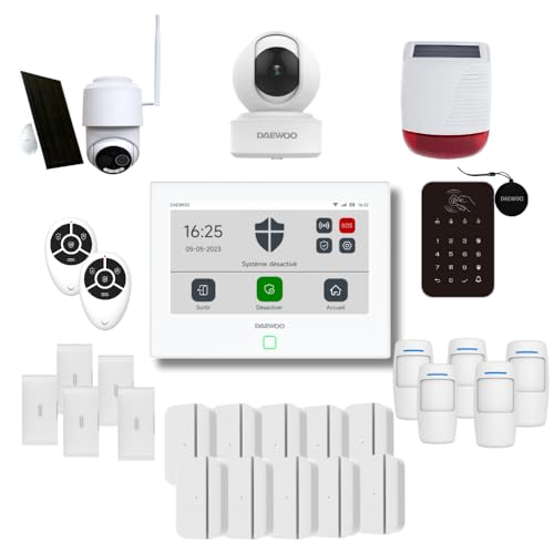 Daewoo Alarm-Set AM374, WiFi/GSM, Zentrale mit Touchscreen 7 Zoll, 24 Zubehörteile, Solarsirene, Lieferung mit 2 Full-HD-Kameras, Davon 1 Solar-Motorisierung von Daewoo Security