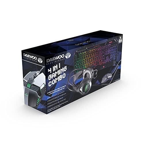 Daewoo 4-in-1-Gaming-Kombination, inklusive beleuchteter kabelgebundener Tastatur, Maus und Kopfhörer, wasserdichtes, rutschfestes Mauspad von Daewoo