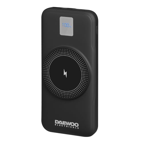 Daewoo Tragbare Powerbank 10000 mAh mit eingebauten Kabeln und MagSafe, USB-A-Anschluss, USB-C-Anschluss, Micro-USB-Anschluss, LED-Akku-Display, Soft-Touch von Daewoo