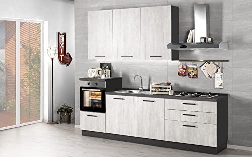 Dafne Italian Design Küche komplett mit Geräten (Backofen, Waschbecken, Dunstabzugshaube) Industrie-Stil - cm. 270 x 60 x 240 - Blei, weiße Eiche Effekt - Ofen links von Dafne Italian Design