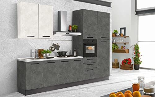 Dafne Italian Design Küche komplett mit Haushaltsgeräten (Backofen, Spüle, Dunstabzugshaube) Industriestil - cm. 300 x 60 x 240 - Blei-Spachtelmasse, weißer Stuck - Kühlschrank rechts von Dafne Italian Design