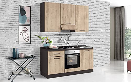 Dafne Italian Design Küche komplett mit Haushaltsgeräten (Backofen, Waschbecken, Dunstabzugshaube) Industriestil - 180 x 60 x 240 cm - Gusseisen, Eichenoptik hell - Waschbecken rechts von Dafne Italian Design