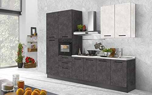 Dafne Italian Design Voll ausgestattete Küche mit Geräten (Backofen, Waschbecken, Dunstabzugshaube) Industrie-Stil - cm. 300 x 60 x 240 - Blei Kitt, weißer Kitt - Kühlschrank auf der linken Seite von Dafne Italian Design