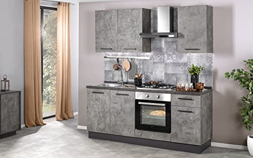 Dafne Italian Design Voll ausgestattete Küche mit Geräten (Backofen, Waschbecken, Dunstabzugshaube) Industrieller Stil - cm. 180 x 60 x 216 - beton grau - Waschbecken rechts von Dafne Italian Design