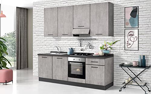 Dafne Italian Design Voll ausgestattete Küche mit Geräten (Backofen, Waschbecken, Dunstabzugshaube) Industrieller Stil - cm. 240 x 60 x 240 - beton grau - Waschbecken auf der linken Seite von Dafne Italian Design