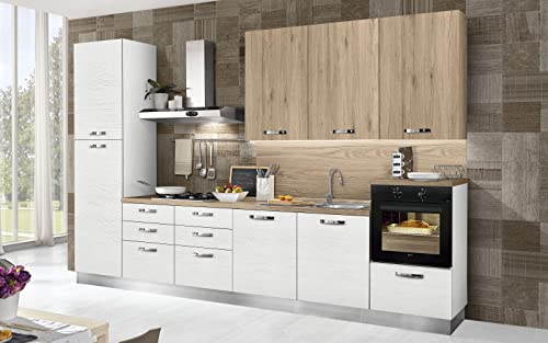 Küche komplett mit Haushaltsgeräten (Backofen, Spüle, Dunstabzugshaube) geradliniges Design – weiße Lärche, Eiche – Maße: 360 x 60 x 240 cm – Ofen rechts von Dafne Italian Design