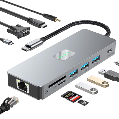 Dalimee USB C Hub, 11 in 1 Docking Station mit HDTV 4K@60Hz, 1080P VGA, Gigabit Ethernet, PD 100W Schnellladen, SD/TF Kartenleser, 3 USB3.0, USB-C und Audio. Dockingstation für MacBook/Laptop/Tablet Dalimee USB C Hub, 11 in 1 Docking Station mit HDTV 4K@60Hz, 1080P VGA, Gigabit Ethernet, PD 100W Schnellladen, SD/TF Kartenleser, 3 USB3.0, USB-C und Audio. Dockingstation für MacBook/Laptop/Tablet von Dalimee