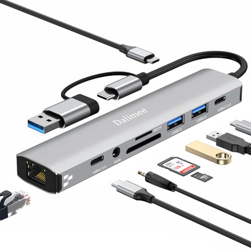 Dalimee USB Hub 3.0, 8 in 1 USB C Hub 3.0 mit 2*USB-C, 2*USB-A, SD&TF Kartenleser, Ethernet 100Mbps, DC/5V Ladeanschluss und 3.5mm Audio, Docking Station für iPhone, MacBook, iPad, Windows usw Dalimee USB Hub 3.0, 8 in 1 USB C Hub 3.0 mit 2*USB-C, 2*USB-A, SD&TF Kartenleser, Ethernet 100Mbps, DC/5V Ladeanschluss und 3.5mm Audio, Docking Station für iPhone, MacBook, iPad, Windows usw von Dalimee