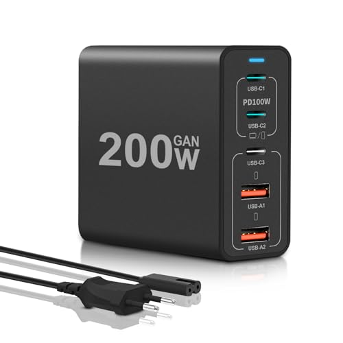 USB C Ladegerät, Dalugo 200W GaN USB C Netzteil 5-Port Schnellladegerät, Kompatibel mit MacBook Pro/Air M2, Samsung Galaxy Book3, Surface Laptop, iPad Pro/Air, iPhone 12-15 Series, Galaxy S23 Ultra von Dalugo