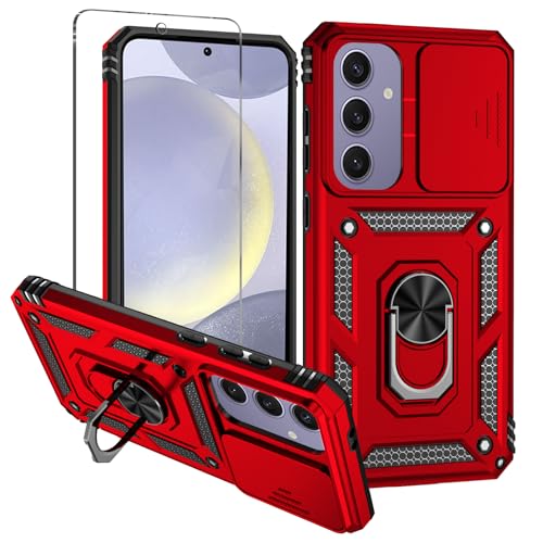 Damtong für Samsung Galaxy S24 FE Hülle: Kameraschutz Schutzhülle Mit Schutzfolie Drehbarer Fingerring Ständer Militärqualität Stoßfest Bumper Handyhülle für Samsung S24 FE Case Rot von Damtong