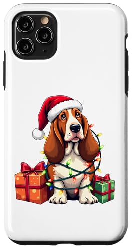 Basset Hound verpackt in Weihnachtsbeleuchtung mit Weihnachtsmannmütze Hülle für iPhone 11 Pro Max von Danea's Gifts for Basset Hound Owners