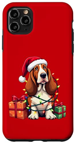 Basset Hound verpackt in Weihnachtsbeleuchtung mit Weihnachtsmannmütze Hülle für iPhone 11 Pro Max von Danea's Gifts for Basset Hound Owners