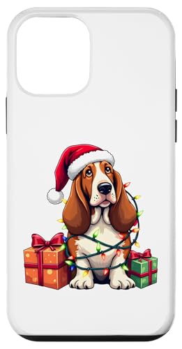 Basset Hound verpackt in Weihnachtsbeleuchtung mit Weihnachtsmannmütze Hülle für iPhone 12 mini von Danea's Gifts for Basset Hound Owners