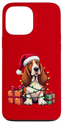 Basset Hound verpackt in Weihnachtsbeleuchtung mit Weihnachtsmannmütze Hülle für iPhone 13 Pro Max von Danea's Gifts for Basset Hound Owners