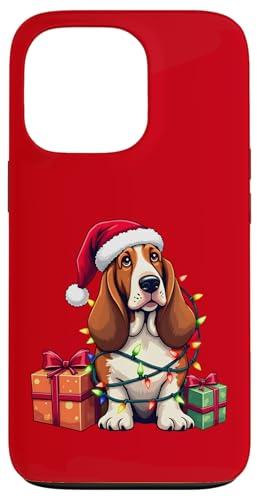 Basset Hound verpackt in Weihnachtsbeleuchtung mit Weihnachtsmannmütze Hülle für iPhone 13 Pro von Danea's Gifts for Basset Hound Owners