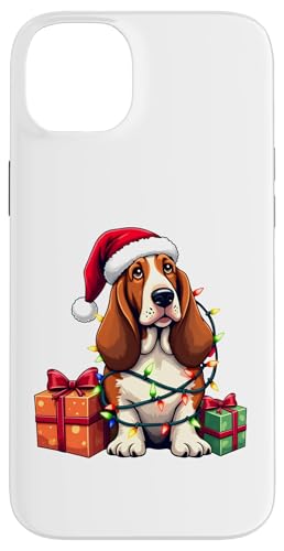 Basset Hound verpackt in Weihnachtsbeleuchtung mit Weihnachtsmannmütze Hülle für iPhone 14 Plus von Danea's Gifts for Basset Hound Owners