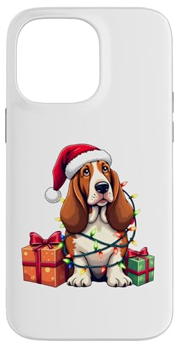 Basset Hound verpackt in Weihnachtsbeleuchtung mit Weihnachtsmannmütze Hülle für iPhone 14 Pro Max von Danea's Gifts for Basset Hound Owners