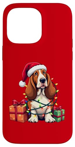 Basset Hound verpackt in Weihnachtsbeleuchtung mit Weihnachtsmannmütze Hülle für iPhone 14 Pro Max von Danea's Gifts for Basset Hound Owners