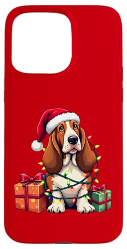 Basset Hound verpackt in Weihnachtsbeleuchtung mit Weihnachtsmannmütze Hülle für iPhone 15 Pro Max von Danea's Gifts for Basset Hound Owners