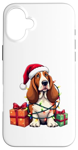 Basset Hound verpackt in Weihnachtsbeleuchtung mit Weihnachtsmannmütze Hülle für iPhone 16 Plus von Danea's Gifts for Basset Hound Owners