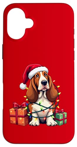 Basset Hound verpackt in Weihnachtsbeleuchtung mit Weihnachtsmannmütze Hülle für iPhone 16 Plus von Danea's Gifts for Basset Hound Owners