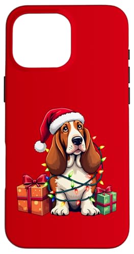 Basset Hound verpackt in Weihnachtsbeleuchtung mit Weihnachtsmannmütze Hülle für iPhone 16 Pro Max von Danea's Gifts for Basset Hound Owners