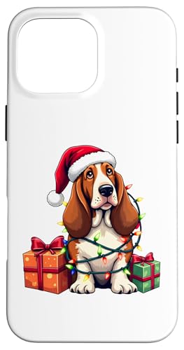 Basset Hound verpackt in Weihnachtsbeleuchtung mit Weihnachtsmannmütze Hülle für iPhone 16 Pro Max von Danea's Gifts for Basset Hound Owners