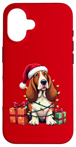Basset Hound verpackt in Weihnachtsbeleuchtung mit Weihnachtsmannmütze Hülle für iPhone 16 von Danea's Gifts for Basset Hound Owners
