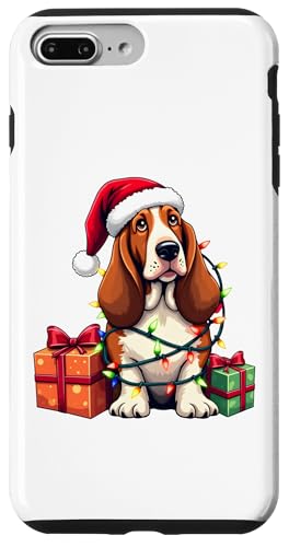 Basset Hound verpackt in Weihnachtsbeleuchtung mit Weihnachtsmannmütze Hülle für iPhone 7 Plus/8 Plus von Danea's Gifts for Basset Hound Owners
