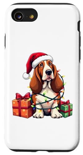 Basset Hound verpackt in Weihnachtsbeleuchtung mit Weihnachtsmannmütze Hülle für iPhone SE (2020) / 7 / 8 von Danea's Gifts for Basset Hound Owners