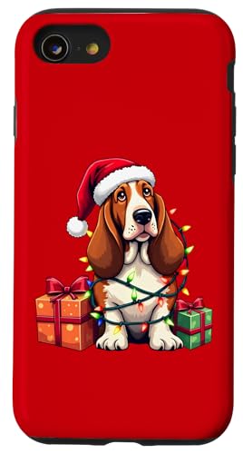 Basset Hound verpackt in Weihnachtsbeleuchtung mit Weihnachtsmannmütze Hülle für iPhone SE (2020) / 7 / 8 von Danea's Gifts for Basset Hound Owners