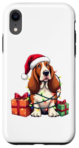 Basset Hound verpackt in Weihnachtsbeleuchtung mit Weihnachtsmannmütze Hülle für iPhone XR von Danea's Gifts for Basset Hound Owners