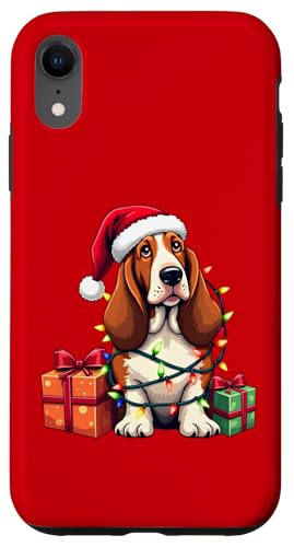 Basset Hound verpackt in Weihnachtsbeleuchtung mit Weihnachtsmannmütze Hülle für iPhone XR von Danea's Gifts for Basset Hound Owners