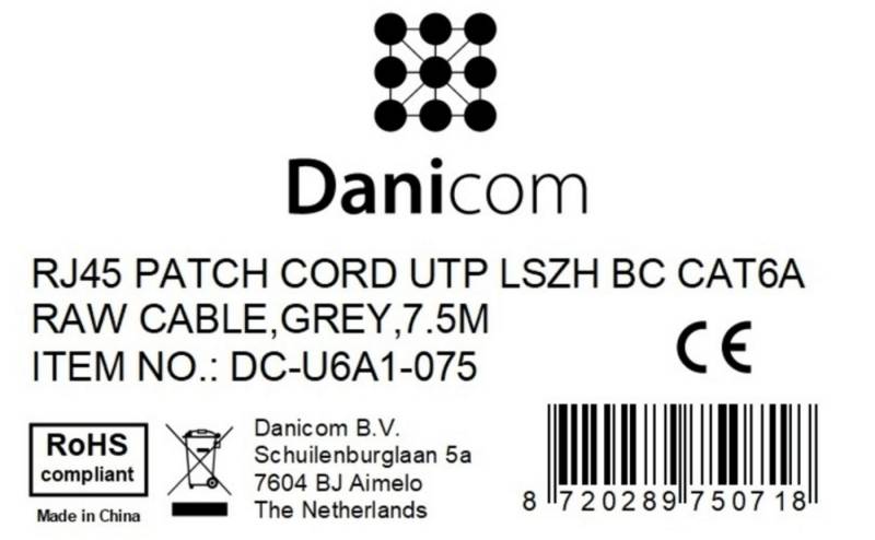 Danicom CAT6a Netzwerkkabel 100% Kupfer - U/UTP - 7,50 meter - Grau Netzwerkkabel, (750 cm) von Danicom