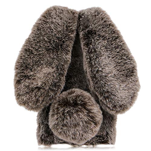 DasKAn 3D Hasenohren Plüsch Hülle für Huawei P30 Lite, Winter Warm Weiche Kaninchen Flauschig Fell Handy Tasche Bling Strass Diamant Design Stoßfest Silikon Rückseite Schutzhülle,Braun von DasKAn