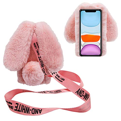DasKAn 3D Hasenohren Plüsch Hülle für Samsung Galaxy A22 4G mit Umhängeband, Mädchen Frauen Handmade Glänzend Diamant Weich Warm Kaninchen Flauschig Fell Stoßfest Handy Schutzhülle, Hell-Pink von DasKAn