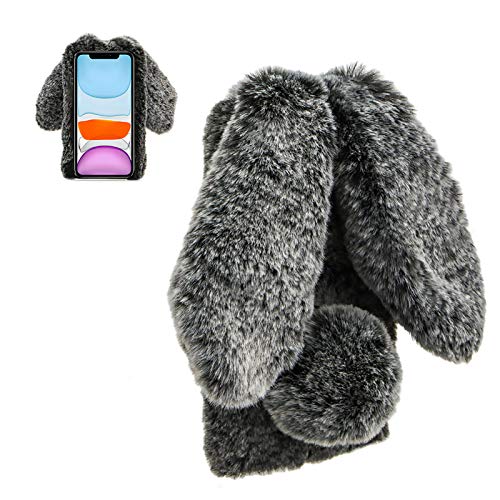 DasKAn 3D Hasenohren Plüsch Hülle für Samsung Galaxy S21 5G, Winter Warm Weiche Kaninchen Flauschig Fell Handy Tasche Bling Strass Design Stoßfest Silikon Rückseite Schutzhülle,Schwarz von DasKAn