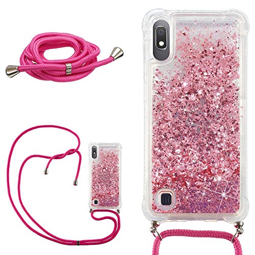 DasKAn Glitzer Flüssig Durchsichtig Hülle für Samsung Galaxy A10 mit Handykette, Glänzend Treibsand Luftkissen Weich Gummi Stoßstange Handyhülle Stoßfest Silicone TPU Schutzhülle, Rosa Gold von DasKAn