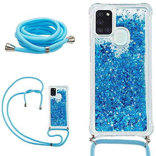 DasKAn Glitzer Flüssig Durchsichtig Hülle für Samsung Galaxy A21s mit Handykette, Glänzend Treibsand Luftkissen Weich Gummi Stoßstange Handyhülle Stoßfest Silicone TPU Schutzhülle, Blau von DasKAn