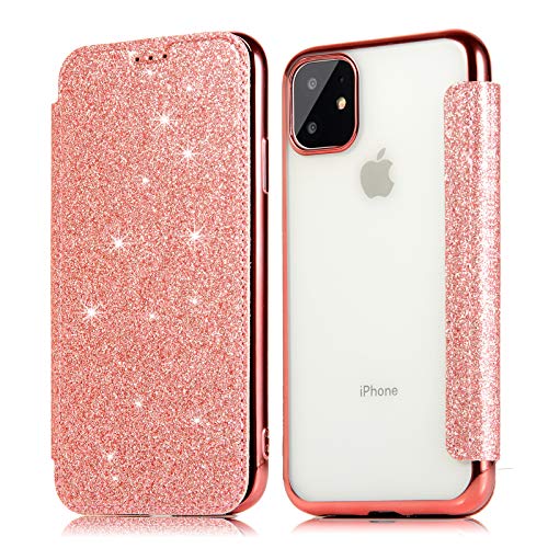 DasKAn Glitzer Klapphülle Hülle für iPhone 11 6,1' Glänzend PU Leder und Durchsichtig Weich Silikon Brieftasche Handy Tasche mit Kartenfach Standfunktion Stoßfest Ganzkörper Schutzhülle,Rose Gold von DasKAn