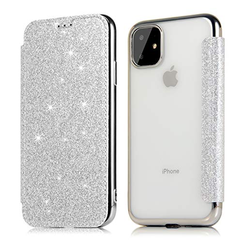 DasKAn Glitzer Klapphülle Hülle für iPhone 11 Pro 5,8' Glänzend PU Leder und Durchsichtig Weich Silikon Brieftasche Handy Tasche mit Kartenfach Standfunktion Stoßfest Ganzkörper Schutzhülle,Silber von DasKAn