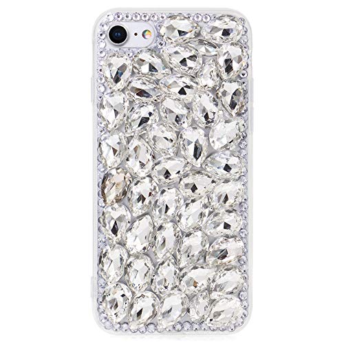 DasKAn Kompatibel für Samsung Galaxy S22 5G Glitzer Diamant Hülle, Handmade Frauen Bling Strass 3D Edelsteine Rückseite Handyhülle Fallschutz Stoßfest Silikon TPU Schutzhülle, Weiß von DasKAn