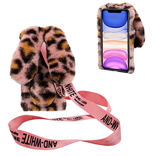 DasKAn Kompatibel mit iPhone XR 6,1" 3D Hasenohren Plüsch Hülle, Glänzend Strass Diamant Design Stoßfest Fallschutz Winter Warm Weich Kaninchen Flauschig Fell Schutzhülle, Leopard Pink von DasKAn