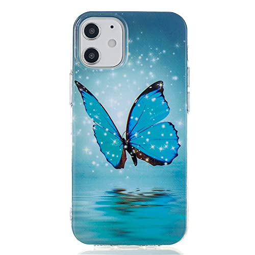 DasKAn Leuchtend Silikon Hülle für iPhone 12 Mini 5,4' Fluoreszierend Licht im Dunkeln Bunt Muster Ultra Dünn Weich Gummi Rückseite Handy Tasche Stoßfest Gel TPU Schutzhülle, Blau Schmetterling von DasKAn