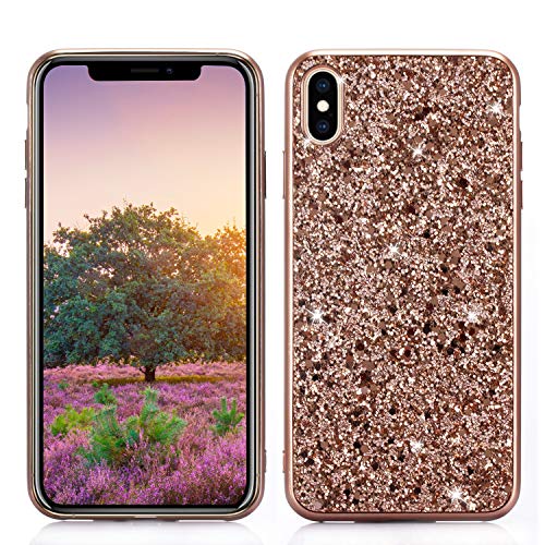 DasKAn Strass Glitzer Silikon Hülle für iPhone X/XS, Glänzend Überzug Metallrahmen Gummi Rückseite Handyhülle Ultra Dünn Weich Stoßstange Kratzfest Stoßfest Flexibel TPU Schutzhülle,Rose Gold von DasKAn