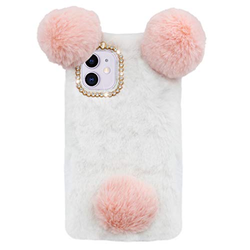 DasKAn für Samsung Galaxy A22 5G 3D Panda Diamant Plüsch Hülle, Frauen Mädchen Handmade Bling Strass Fallschutz Stoßfest Kratzfest Winter Warm Weiche Flauschig Fell Schutzhülle, Weiß & Rosa von DasKAn