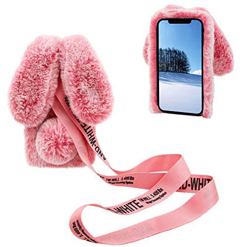 DasKAn für iPhone 14 6,1" 3D Hasenohren Plüsch Hülle mit Abnehmbar Umhängeband, Frauen Winter Warm Handmade Glänzend Diamant Weich Kaninchen Flauschig Fell Stoßfest Schutzhülle, Pink von DasKAn