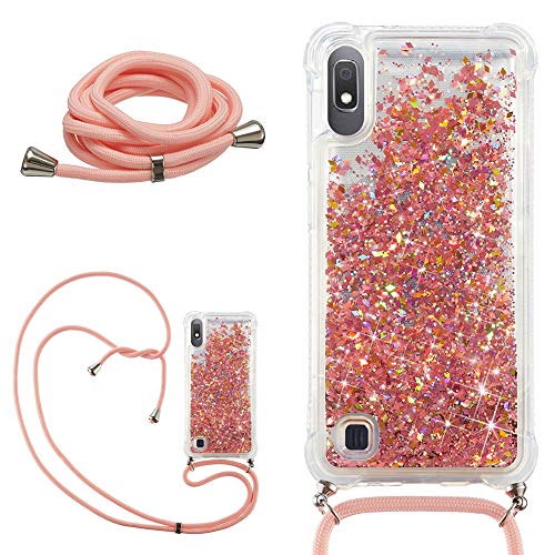 DasKAn Glitzer Flüssig Durchsichtig Hülle für Samsung Galaxy A10 mit Handykette, Glänzend Treibsand Luftkissen Weich Gummi Stoßstange Handyhülle Stoßfest Silicone TPU Schutzhülle, Rosa von DasKAn