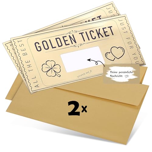 DasWas 2x Goldenes Ticket - Geschenk Gutschein zum Selber Auffüllen mit Rubbelaufkleber - Rubbellose und Gutscheinkarten Selber Machen - Personalisiertes Geschenk im funkelndem Umschlag von DasWas